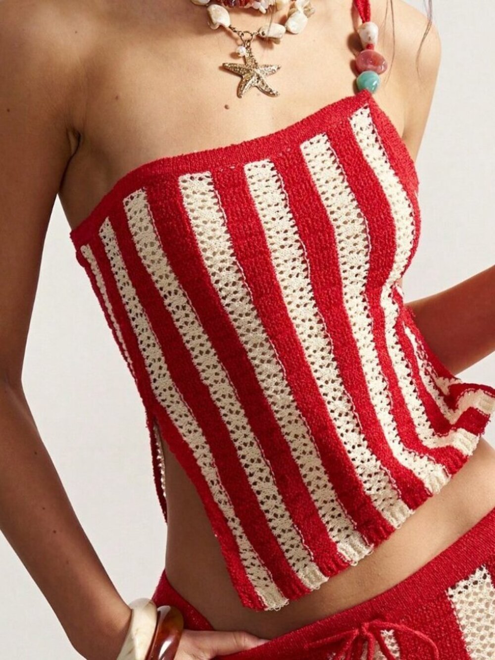 Red Boho Chic Women's Striped Asymmetric Top with Beads - Picture 5 of 7